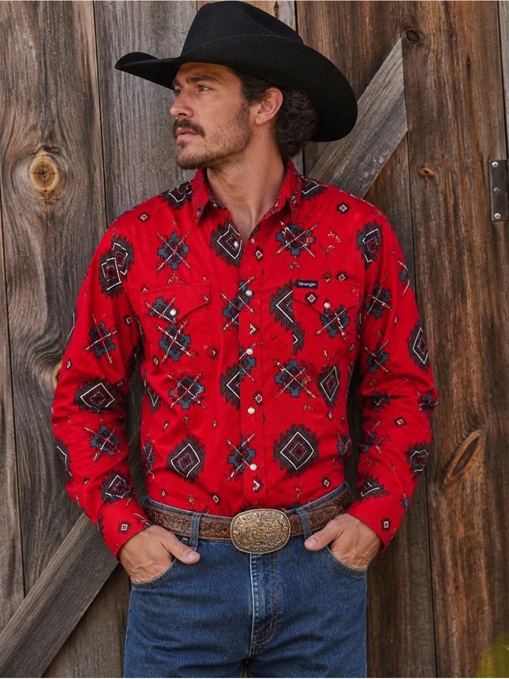 Wrangler Cowboy Cut Western Shirt Red Aztec Southwestern Print Snap Button